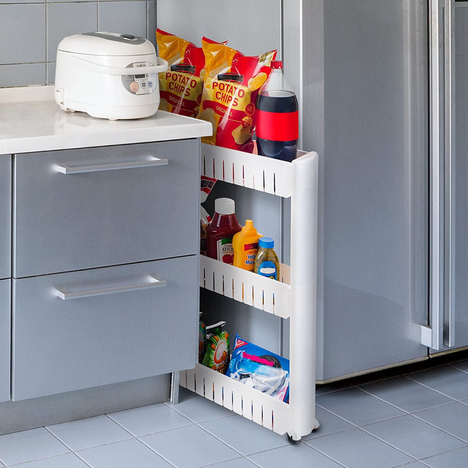 Seenda 3 Tier Slim Slide Out Storage Cart in White， Shelf Tower， Fits， Cabinets. for Small Space Living， Laundry Rooms， Kitchens， Offices