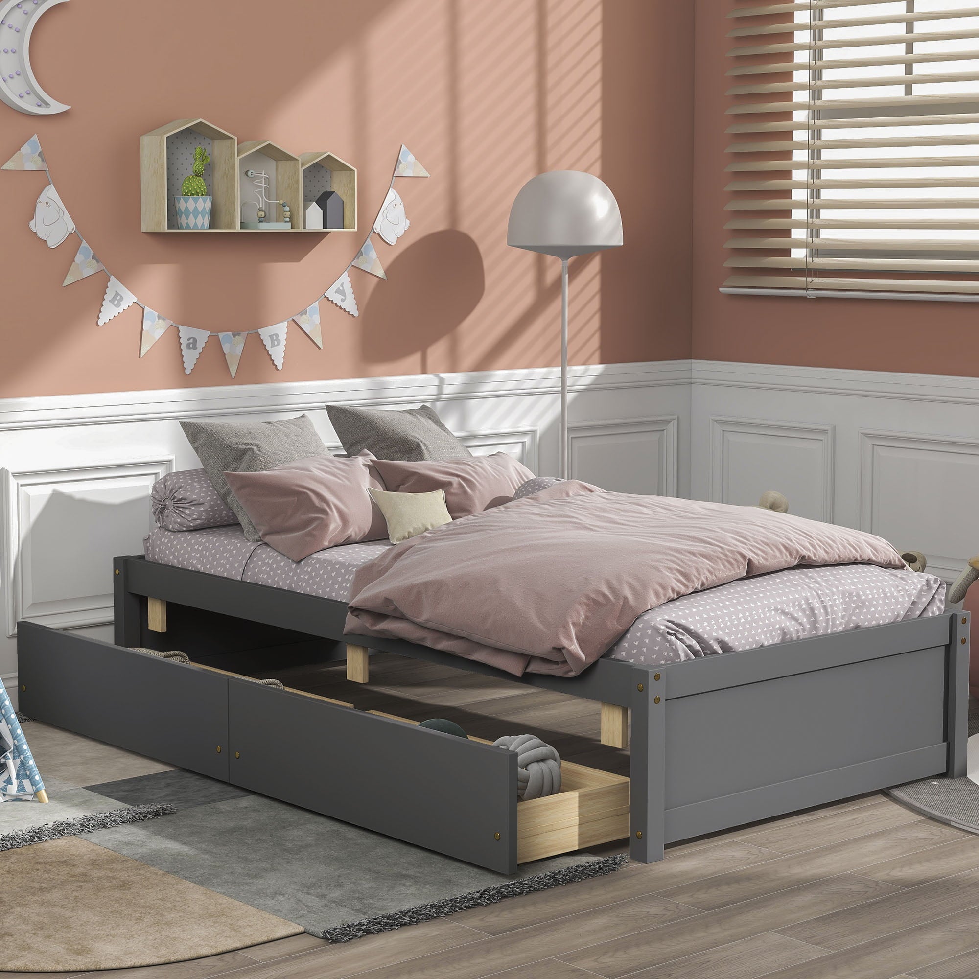 Platform Bed Frame with Storage Drawers, Kids Twin Size Bed Frame No Box Spring Needed, Solid Wood Platform Beds with Two Drawers, Modern Single Bed Bedroom Furniture, Gray, J1174