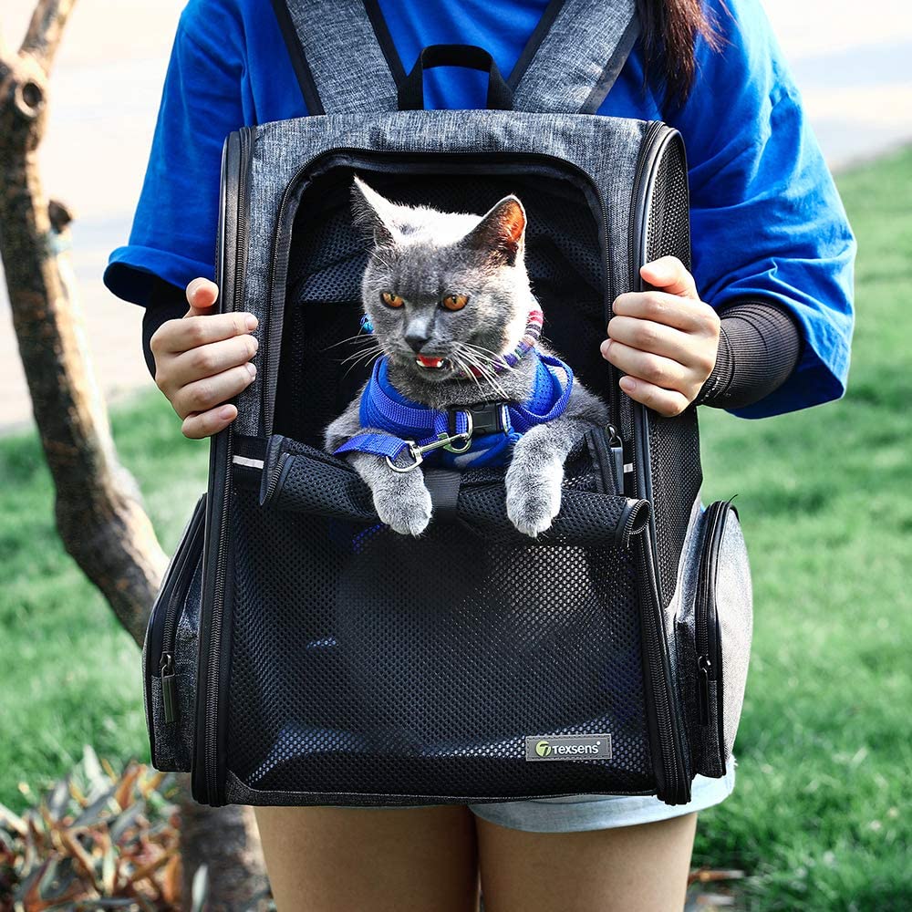Texsens Cat Backpack Carrier， Super Breathable Carrier Backpack， Airline-Approved Bubble Cats and Puppies Backpacks， Designed for Hiking， Traveland Walking (Expandable Grsy)