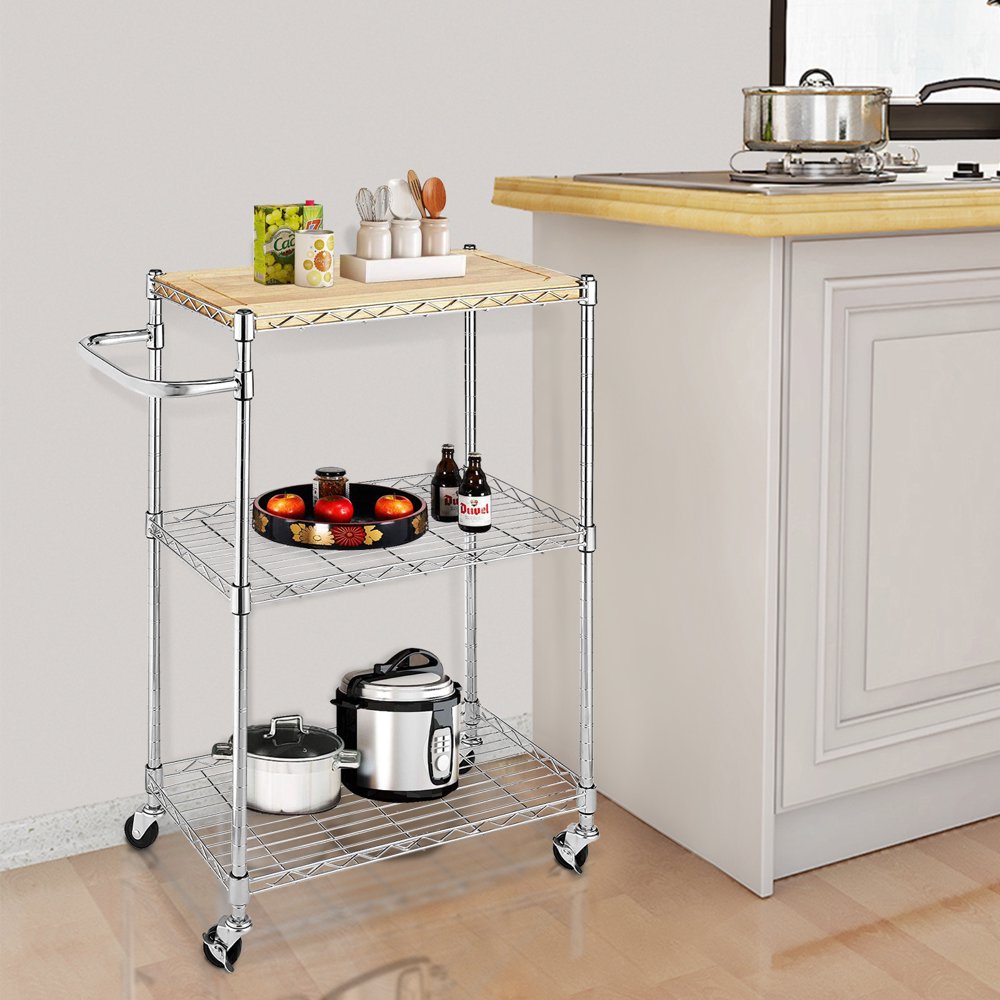 Gzxs Kitchen Storage Microwave Rack Cart on Caster Wheels with Adjustable Shelves 3-Tier  Kitchen and Microwave Cart Wood and Chrome