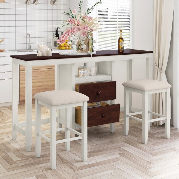 Farmhouse three-piece dining table with rustic counter height table， two drawers and two small place stools