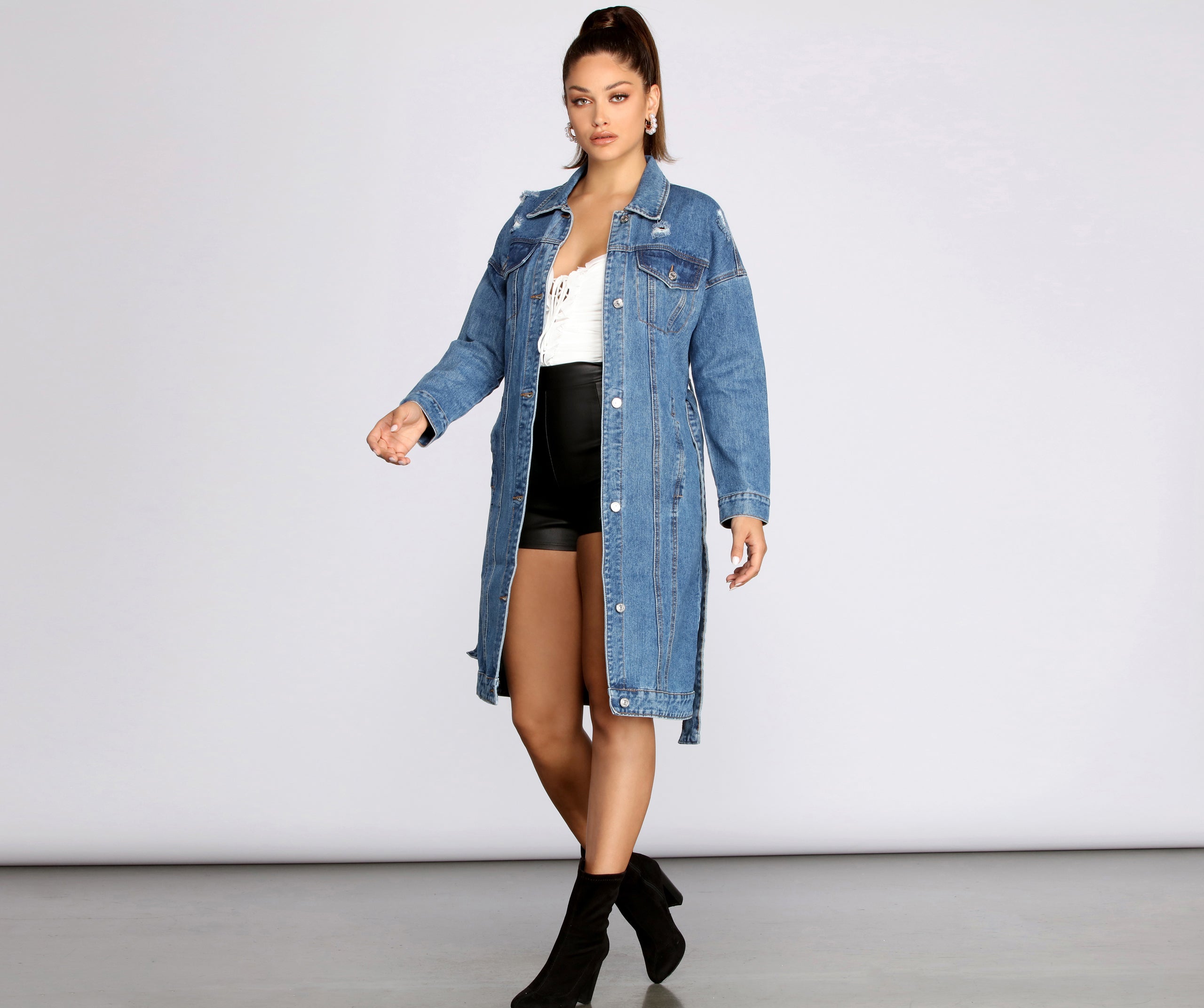 Be That Babe Belted Long Denim Jacket