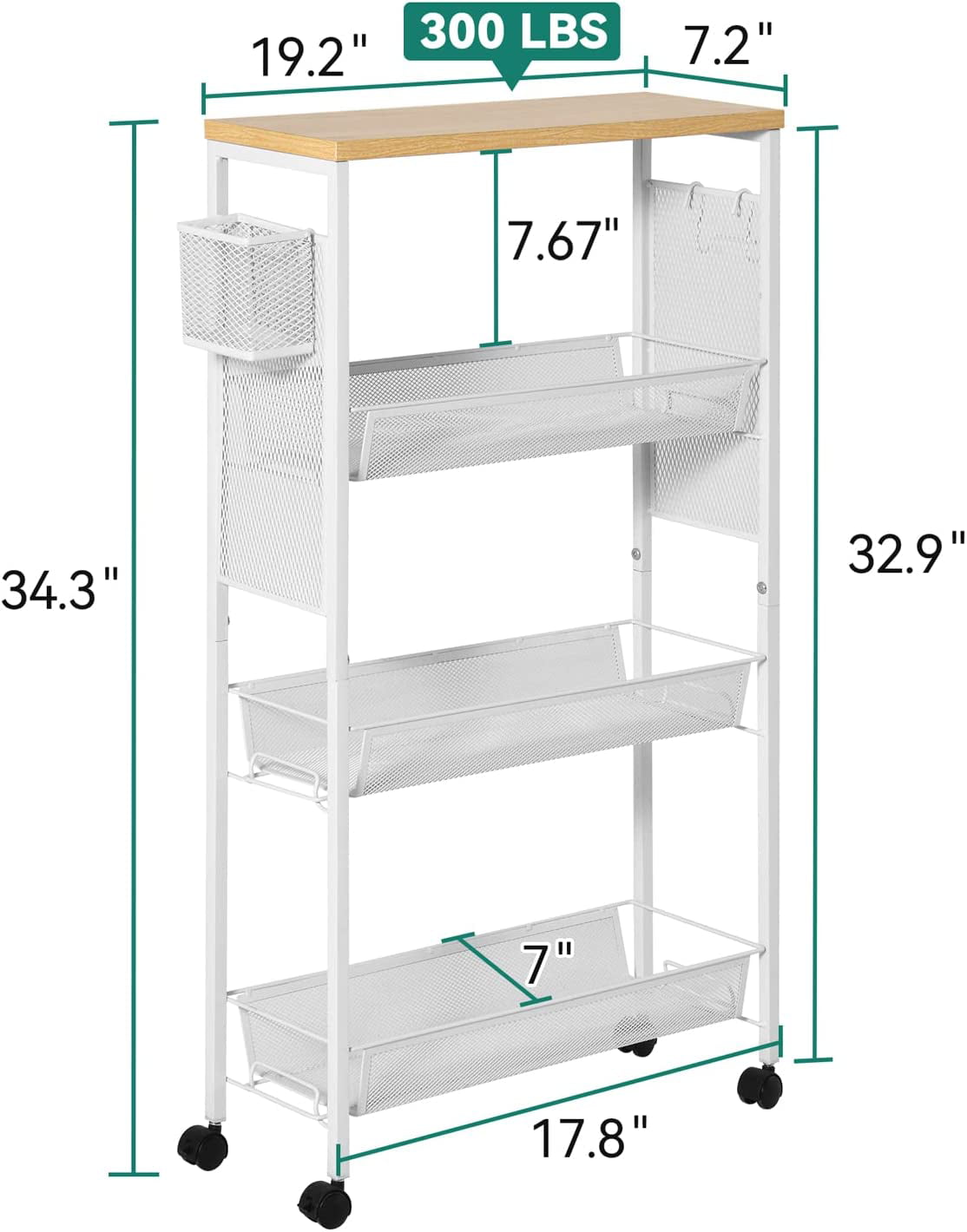 YITAHOME 4-Tier Slim Rolling Cart， Kitchen Cart with Wheels， Storage Cart with Wooden Tabletop and Mesh Baskets， Mobile Utility Cart for Narrow Space for Kitchen， Bathroom， Laundry Room，White