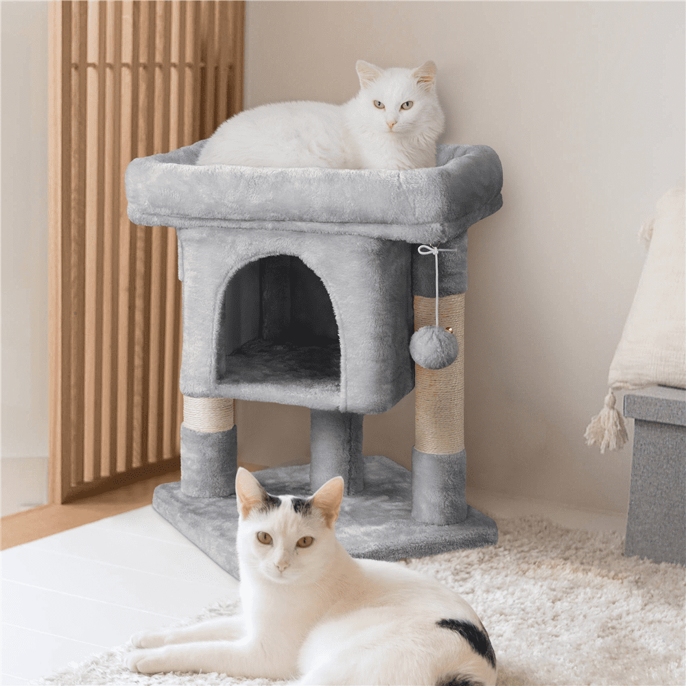 Easyfashion 2-Level Cat Tree Kitten Condo House with Plush Perch， Light Gray
