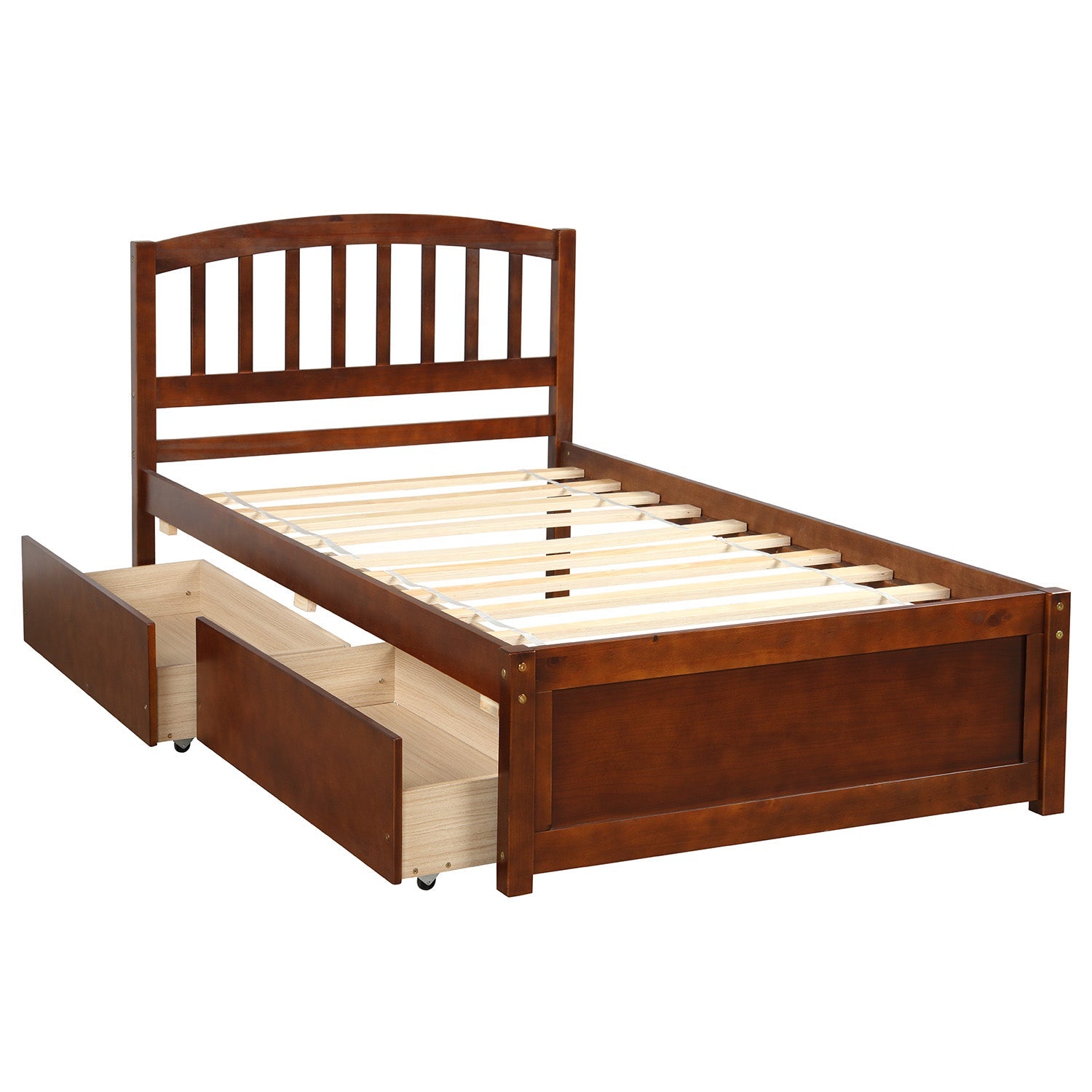 Twin Platform Bed Frame with Storage Drawers, Kids Twin Size Bed Frame No Box Spring Needed, Solid Wood Platform Beds with Headboard and Two Drawers, Modern Single Bed Bedroom Furniture, Walnut, J1169