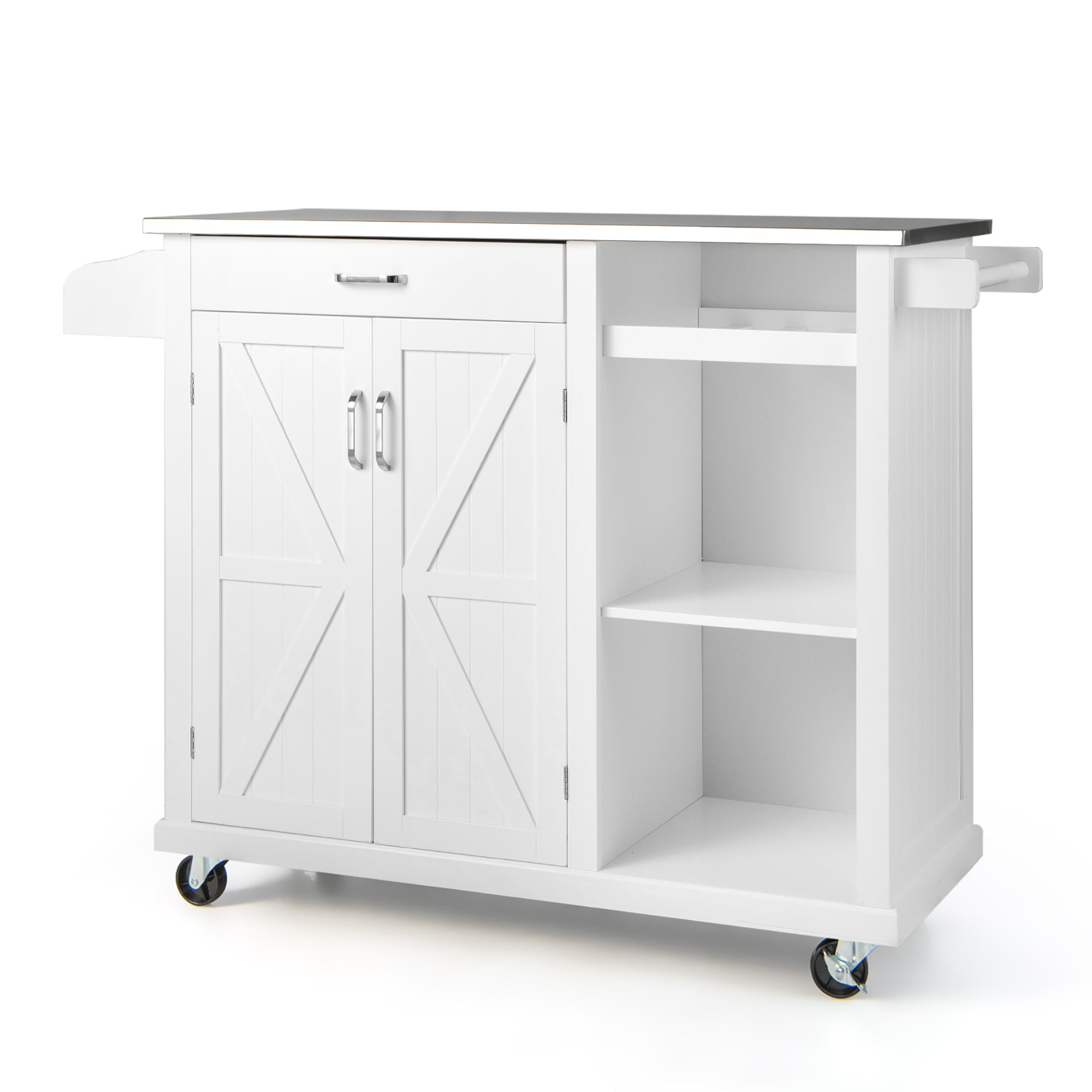 Costway Kitchen Island Cart Rolling Utility Trolley Stainless Steel Top Wine Rack White