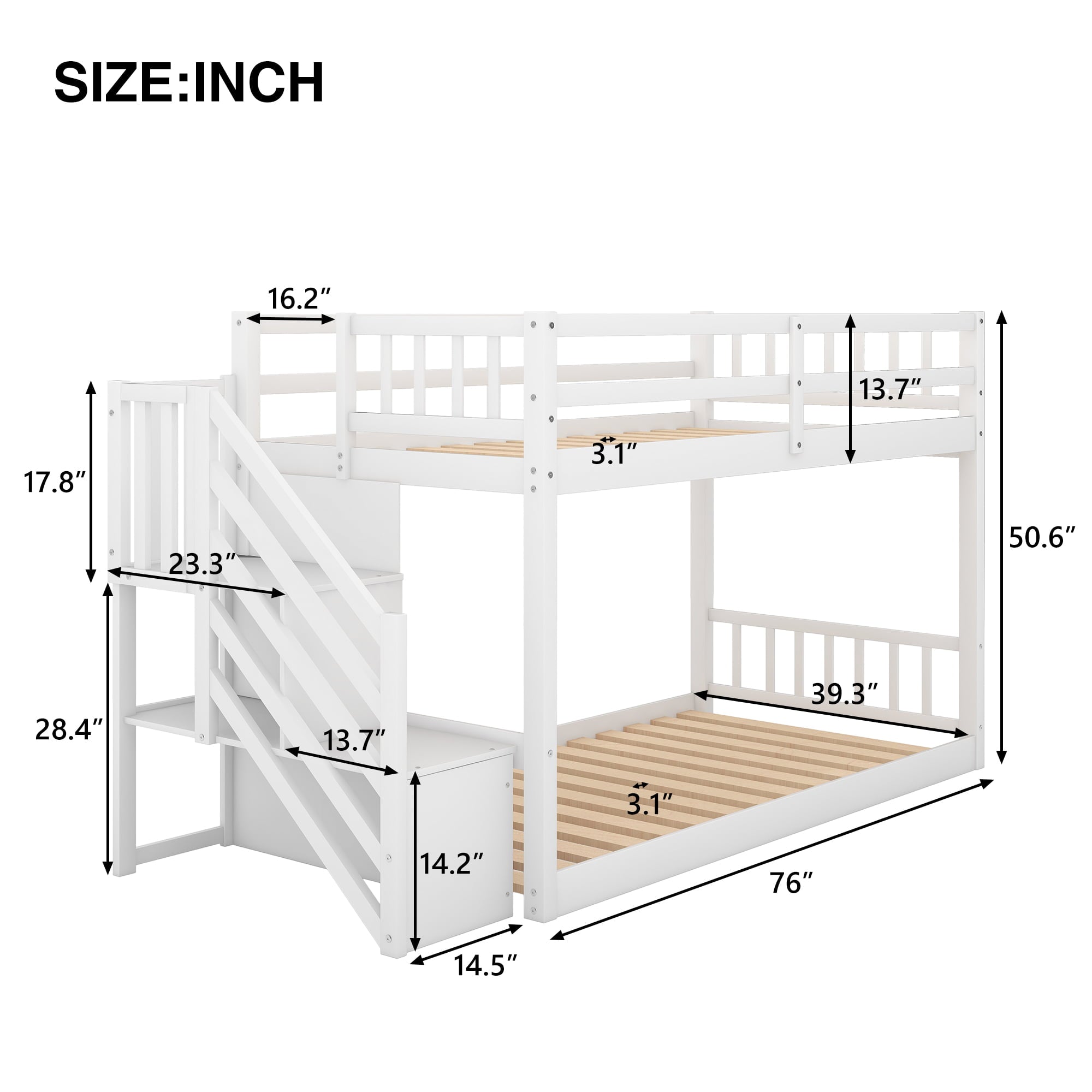 Euroco Wood Twin over Twin Floor Bunk Bed with Stairs for Kids Room, White