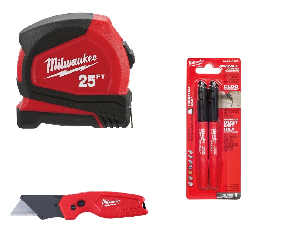Milwaukee Compact Tape Measure 25' FASTBACK Compact Folding Utility Knife and INKZALL Fine Point Black Marker 2pk Bundle