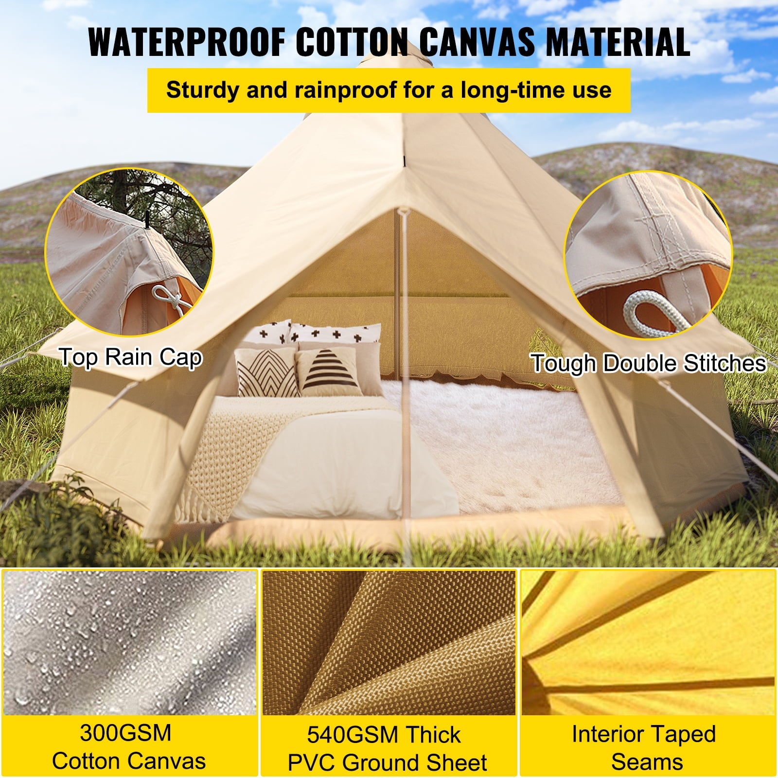 VEVORbrand Canvas Bell Tent 13.12ft /4m Cotton Canvas Tent with Wall Stove Jacket Glamping Tent Waterproof Bell Tent for Family Camping Outdoor Hunting in 4 Seasons
