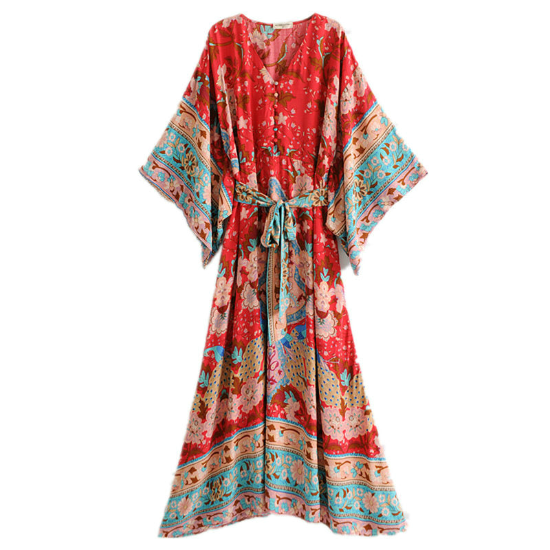 Boho Dress for Women|Bohemian Dress|Midi Boho Dress| Red Bat Sleeve Bohemian Kimono DressV Neck Sashes Summer Boho Dresses Cover-up|Wedding Guest Dress