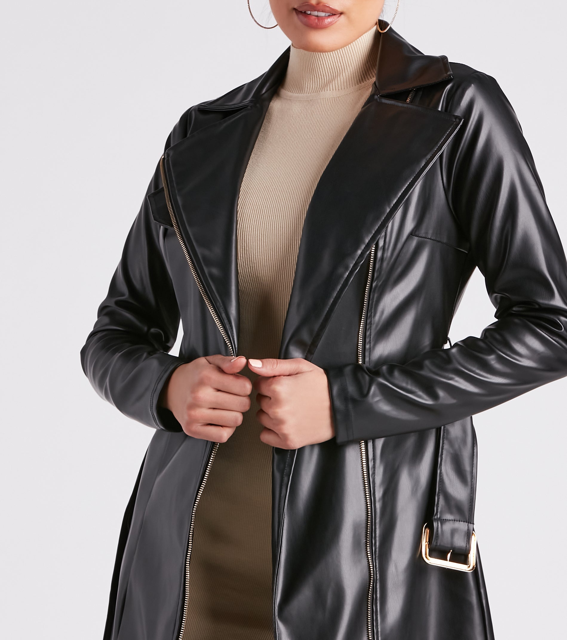 Cinched And Chic Faux Leather Trench Coat