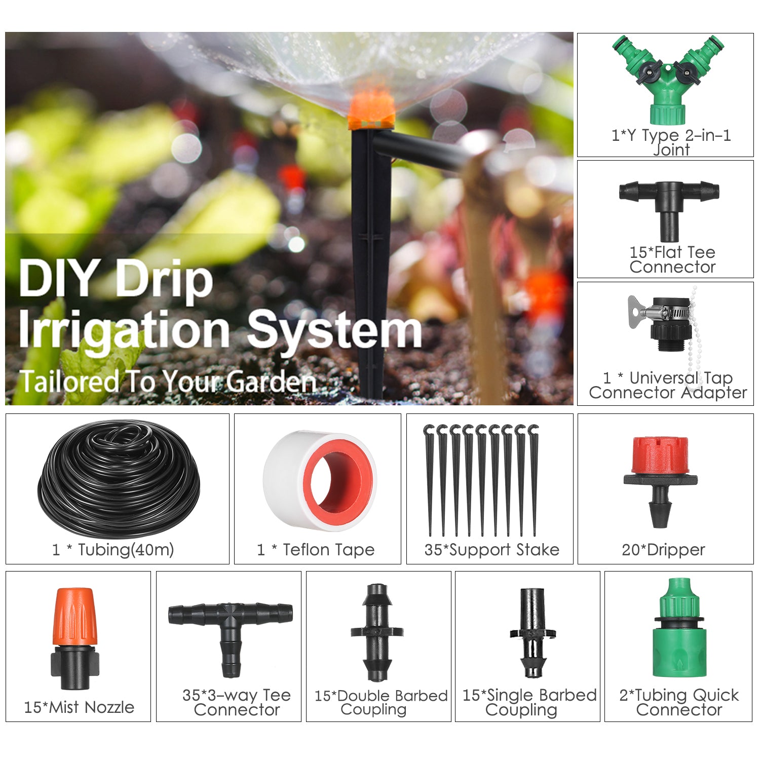Plant Watering Drip Irrigation Kit Diy Watering System with Nozzles Misters Drippers 40 Meters Tubing for Garden Lawn Patio