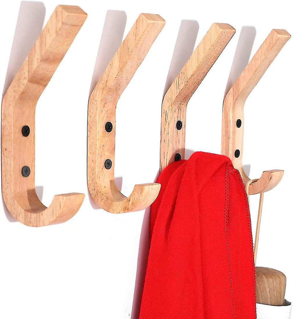 4 Pieces Rubber Wood Wall Hooks Coat Hooks Two-hook Coat Racks， 16 X 6 X 2.5 Cm