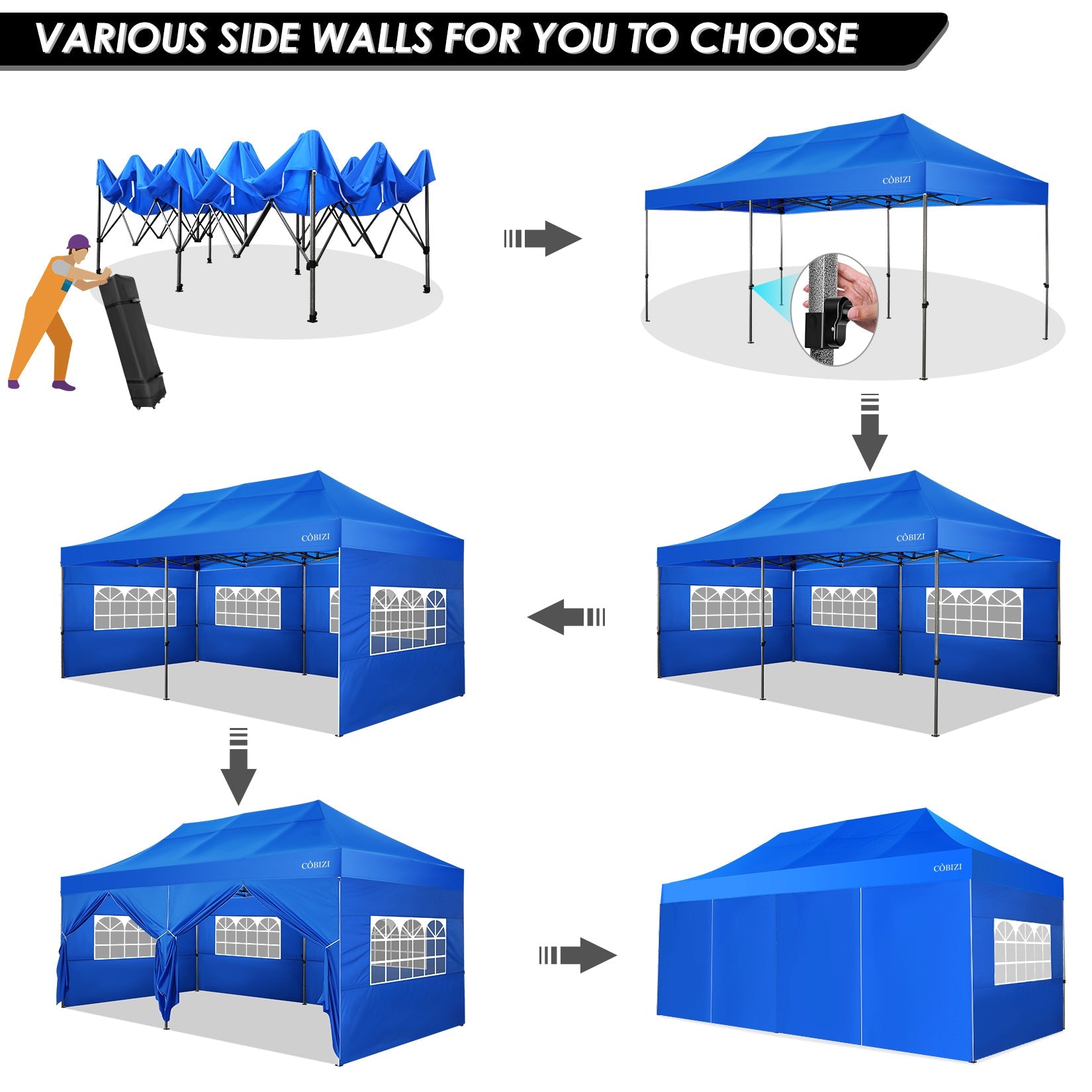 10'x20' Pop Up Canopy Waterproof Folding Tent Outdoor Easy Set-up Instant Tent Heavy Duty Commercial Wedding Party Shelter with 6 Removable Sidewalls, 6 Sandbags, Roller Bag, Blue