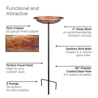 Good Directions Pure Copper Birdbath， Featuring a Hand-Applied Fired Finish and a Multi-Pronged Garden Pole BBG-3