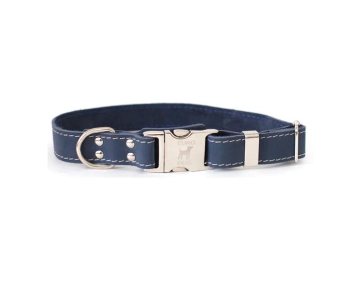 Euro Dog Soft Leather Metal Quick-Release Buckle Dog Collar， Blue， Small - QRSN