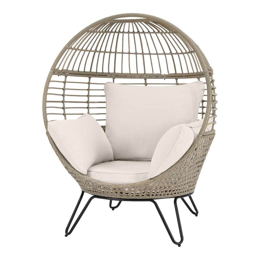 Hampton Bay Tan Stationary Wicker Round Outdoor Lounge Egg Chair with CushionGuard Almond Biscotti Cushions FRS51294M