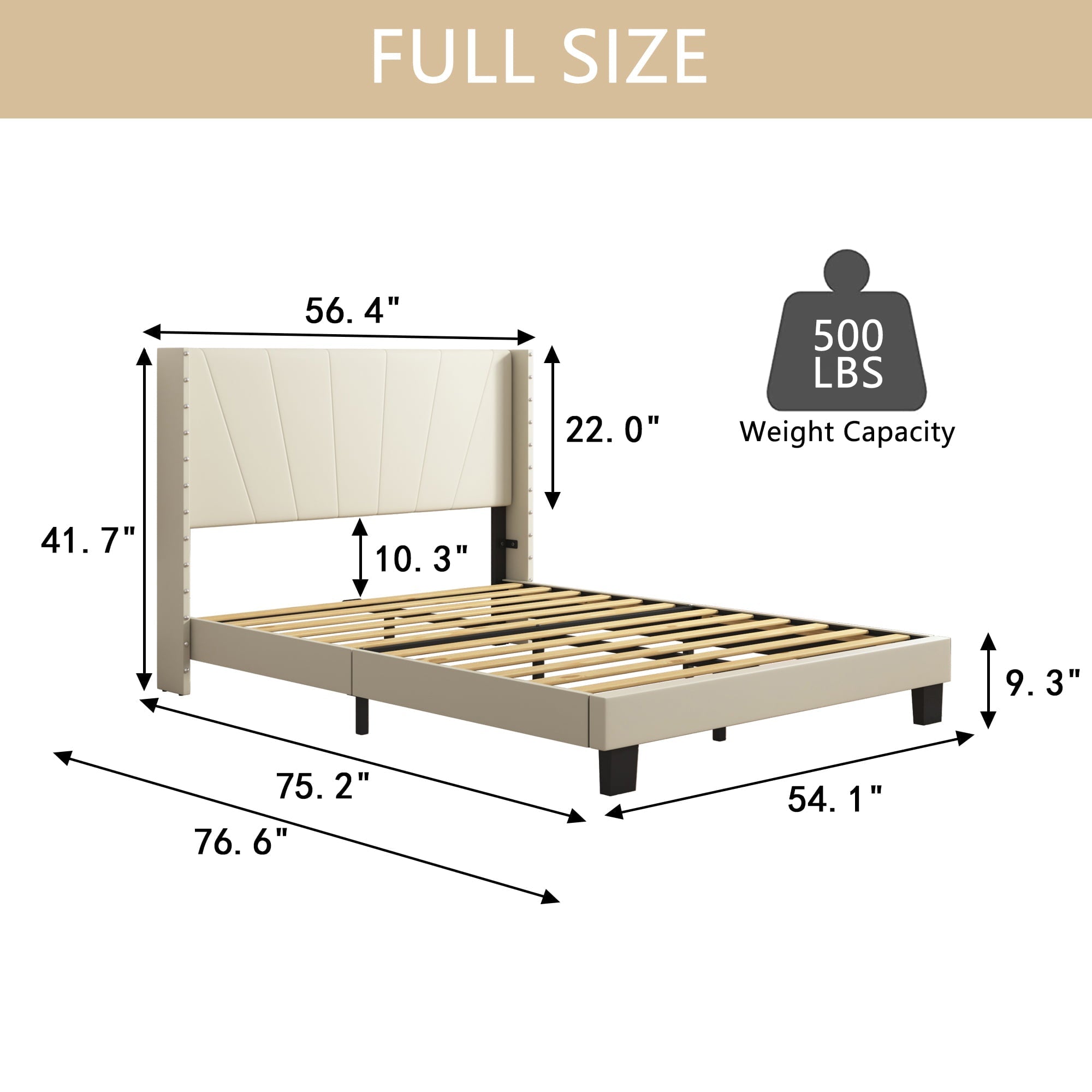 uhomepro Beige Full Bed Frame for Adults Kids, Modern Fabric Upholstered Platform Bed Frame with Headboard, Full Size Bed Frame Bedroom Furniture with Wood Slats Support, No Box Spring Needed