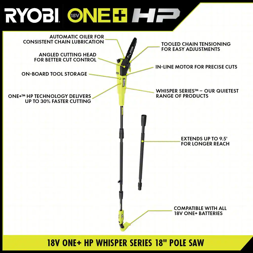 RYOBI P2520-PS ONE+ HP 18V Cordless 10 in. Chainsaw and Whisper Series 8 in. Pole Saw with 4.0 Ah Battery and Charger