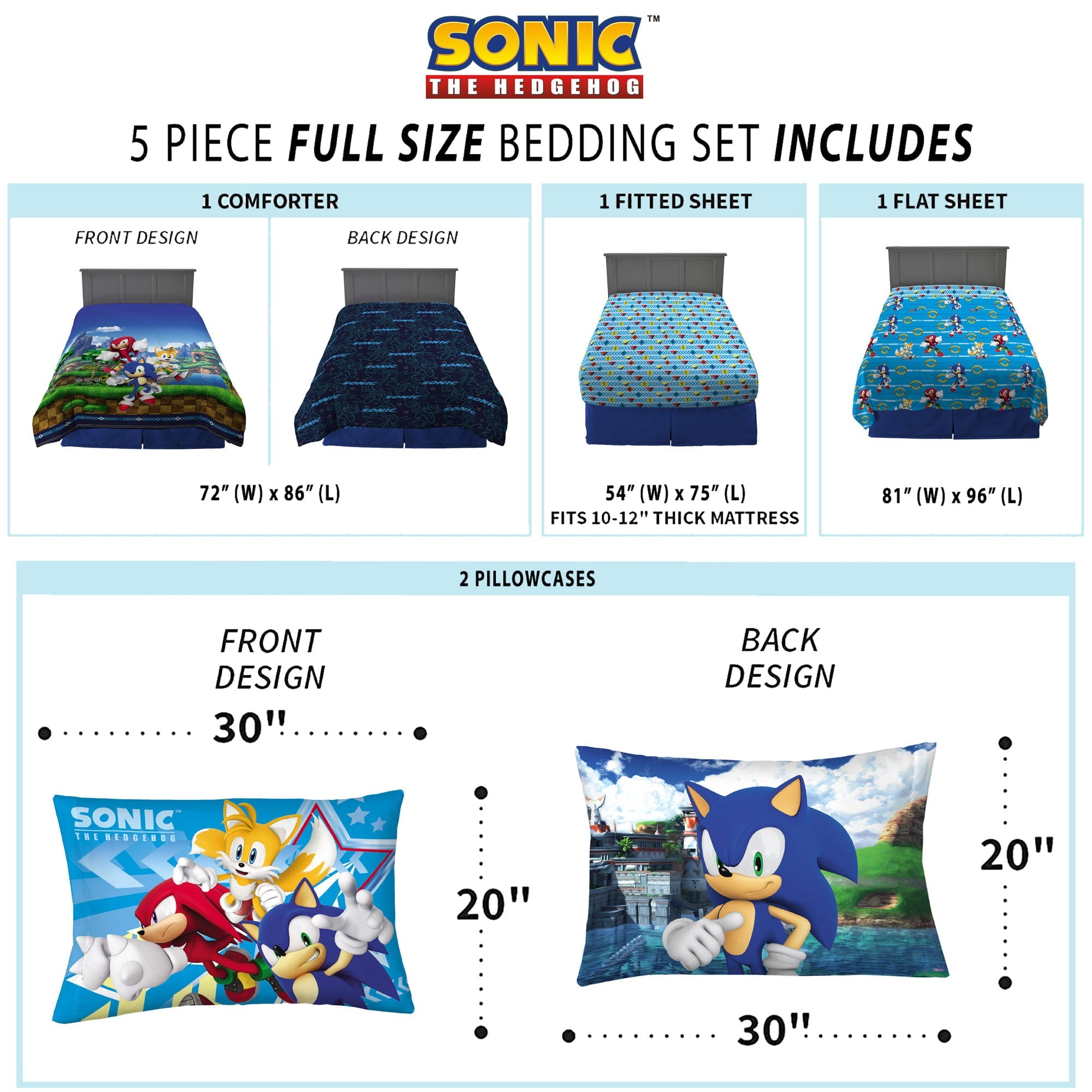 Sonic the Hedgehog Kids Full Bed in a Bag, Gaming Bedding, Comforter and Sheets, Blue, Sega