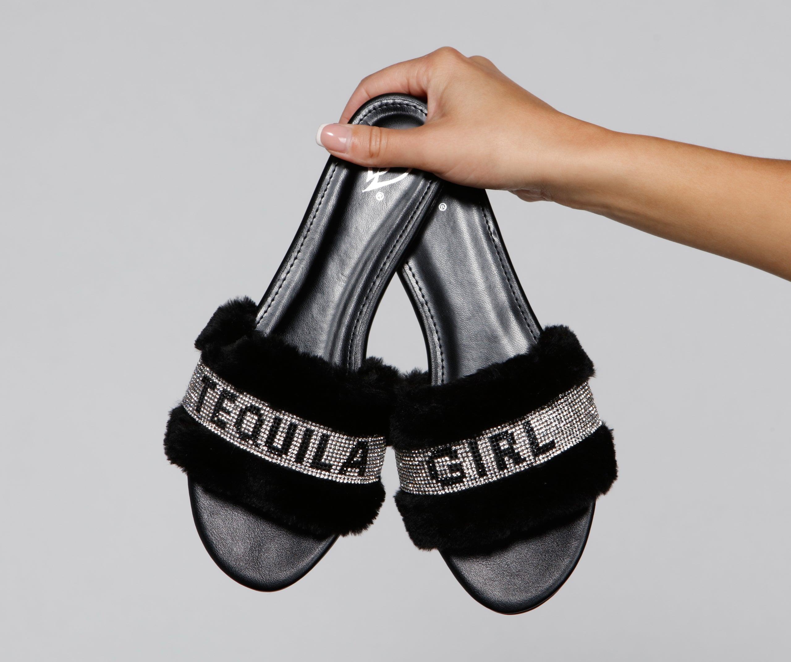 Rhinestone Tequila Girl Fluffy Slide Sandals