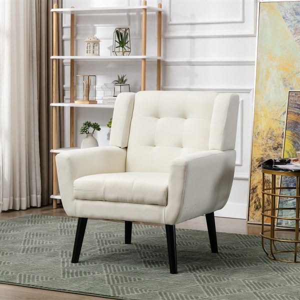 Linen Fabric Velvet Upholstered Accent Chair with Square Arm and Black Solid Wood Legs