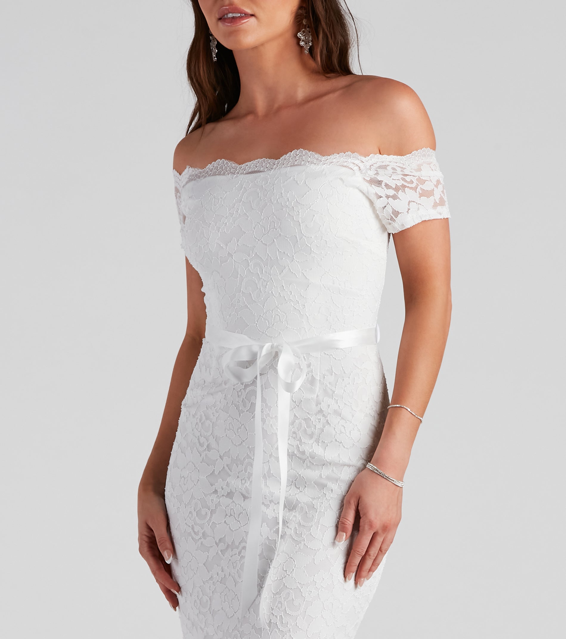 Paige Formal Off-The-Shoulder Scalloped Lace Dress