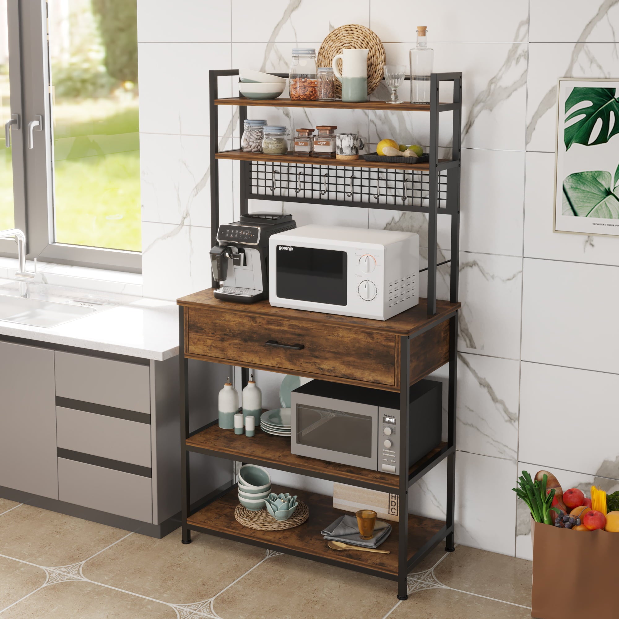 Zimtown 5 Tiers Bakers Rack Industrial Kitchen Island with Storage Drawer， Microwave Oven Cart Coffee Bar Stand W/ Shelf and 10 S-Hooks， Rustic Brown Finish
