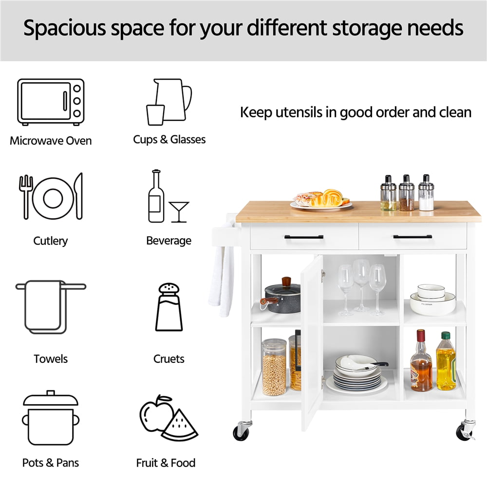 SmileMart Rolling Kitchen Storage Trolley Cart with Cabinet， Drawers and Towel Bar， White
