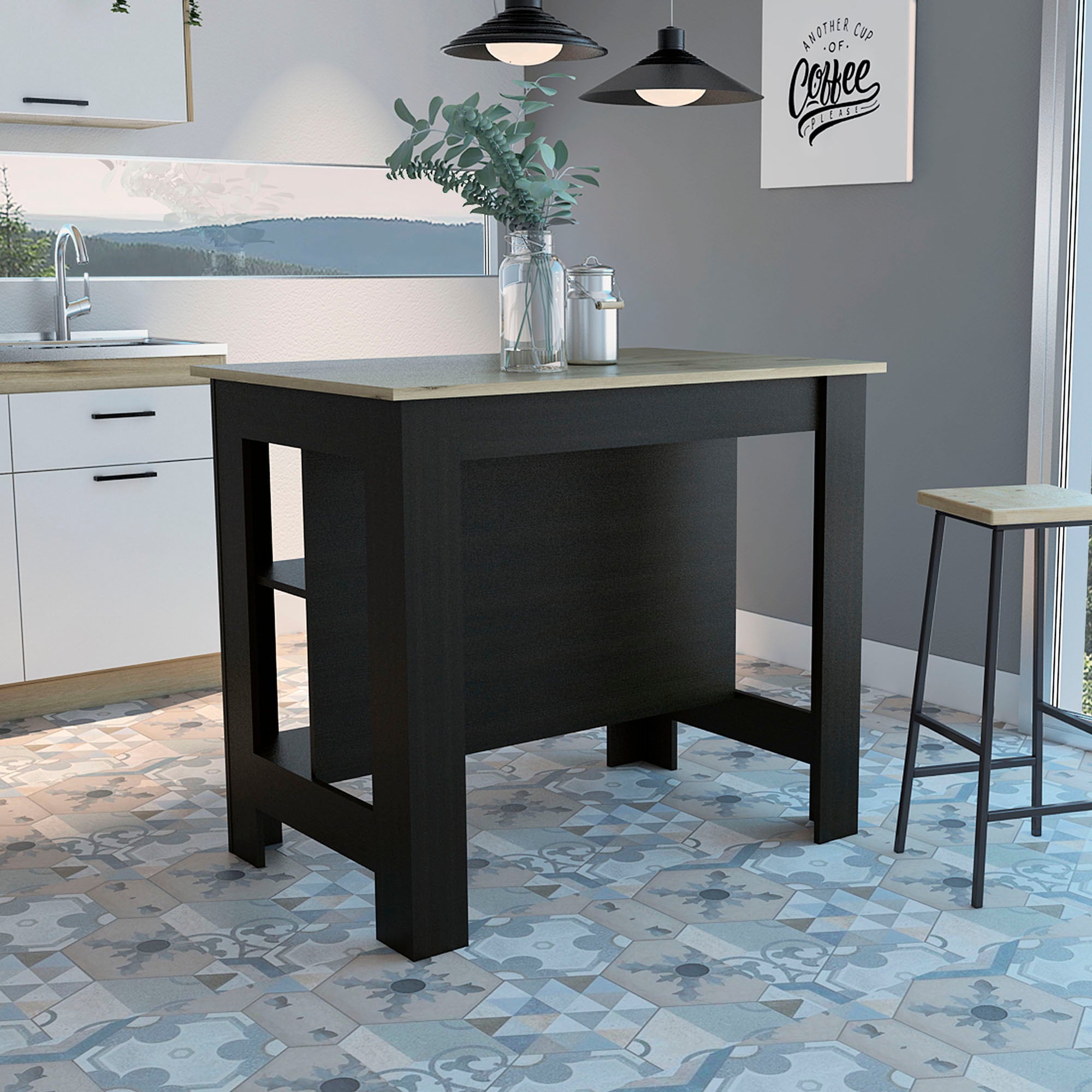 Boahaus Le Havre Black Painted Kitchen Island， Wood Tabletop