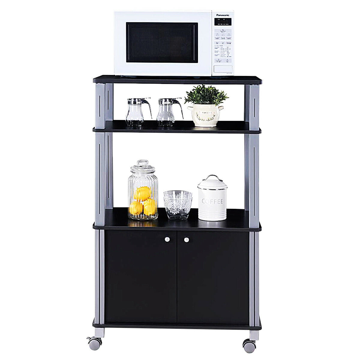 Gymax Bakers Rack Microwave Stand Rolling Storage Cart Multi-functional Display Black