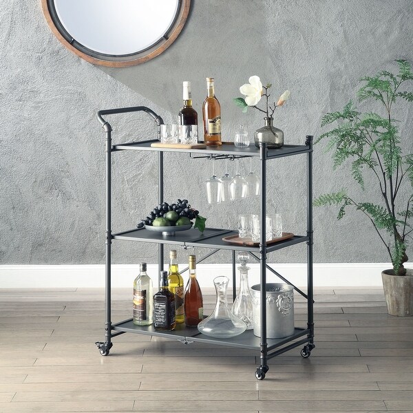 Industrial Foldable Metal Serving Cart with Lockable Casters and 3 Tier Shelf - - 35872319