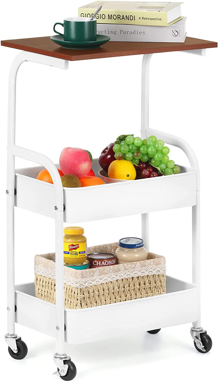 Kitchen Rolling Storage Cart， 3-Tier Slim Storage Cart with Wheels， Mobile Utility Cart with Wooden Tabletop， White