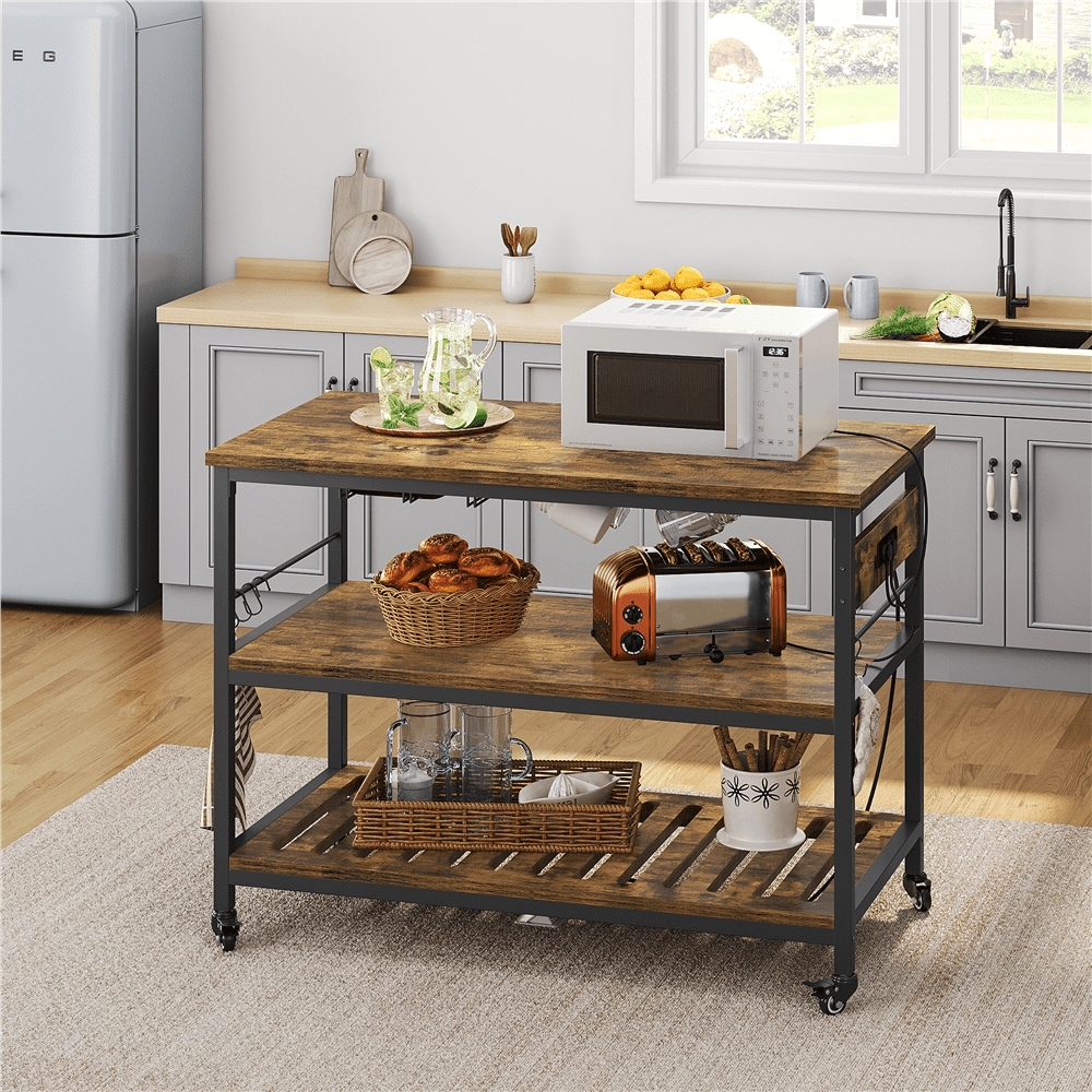 Easyfashion Rolling Kitchen Island with 3 Shelves， Glass Holder and Power Outlets， Rustic Brown
