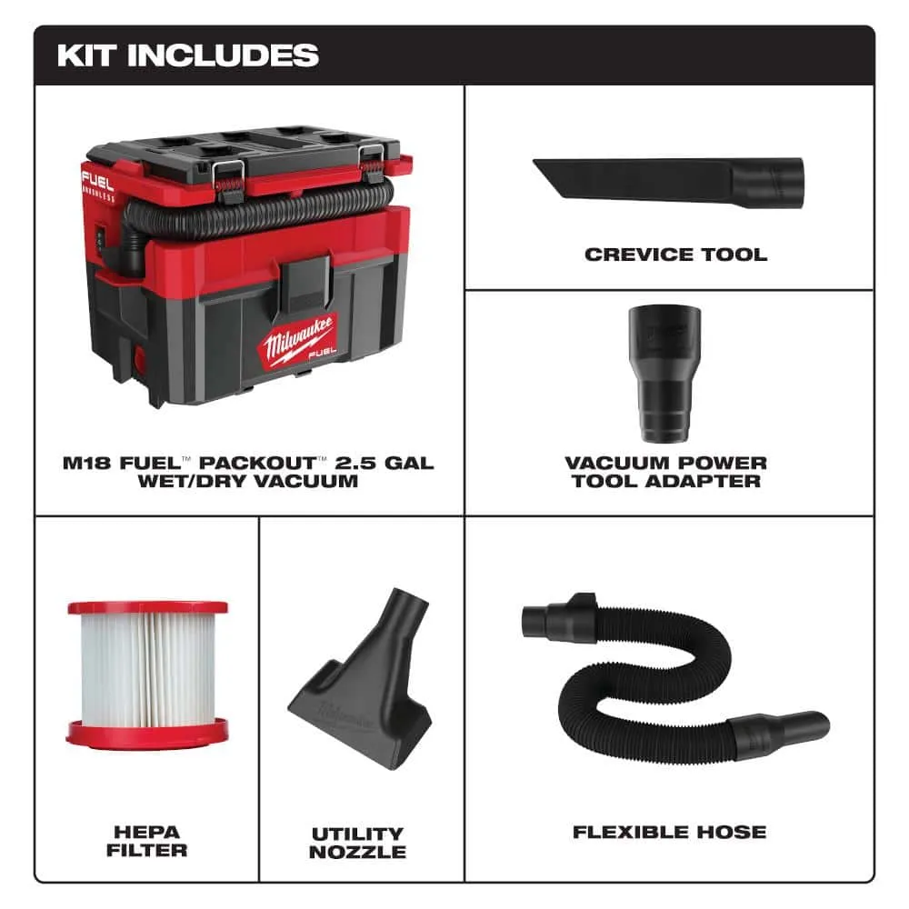 Milwaukee M18 FUEL PACKOUT 18-Volt Lithium-Ion Cordless 2.5 Gal. Wet/Dry Vacuum (Vacuum-Only) 0970-20