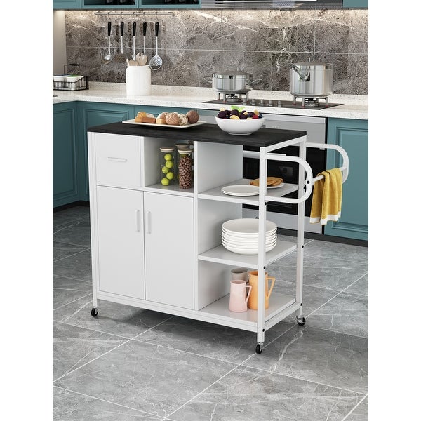 Rolling Kitchen Storage Island Cart with Shelves， Cabinet， Drawer - - 36827740