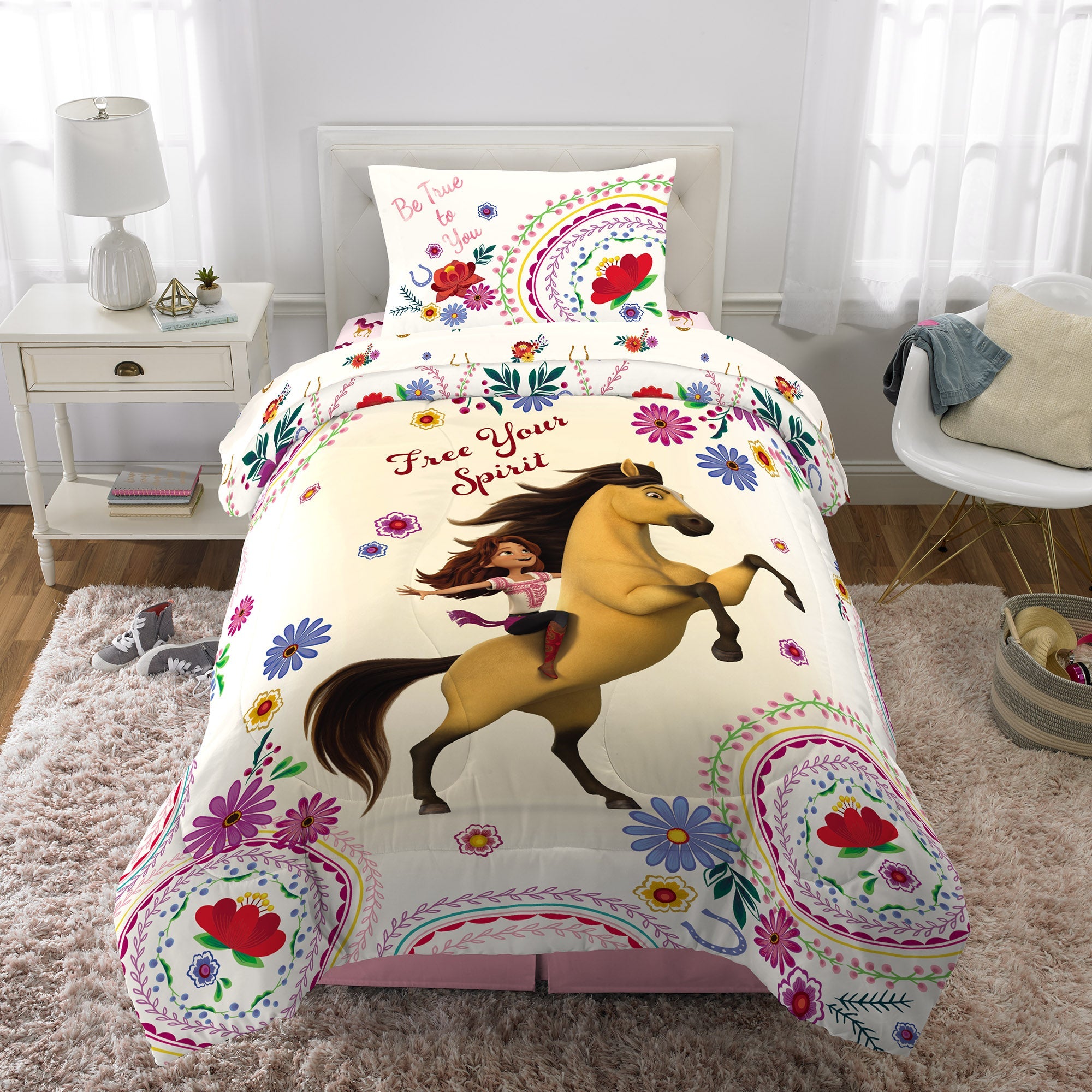 Spirit Riding Free Kids Twin Bed in a Bag, Comforter and Sheets, Yellow and Pink, DreamWorks