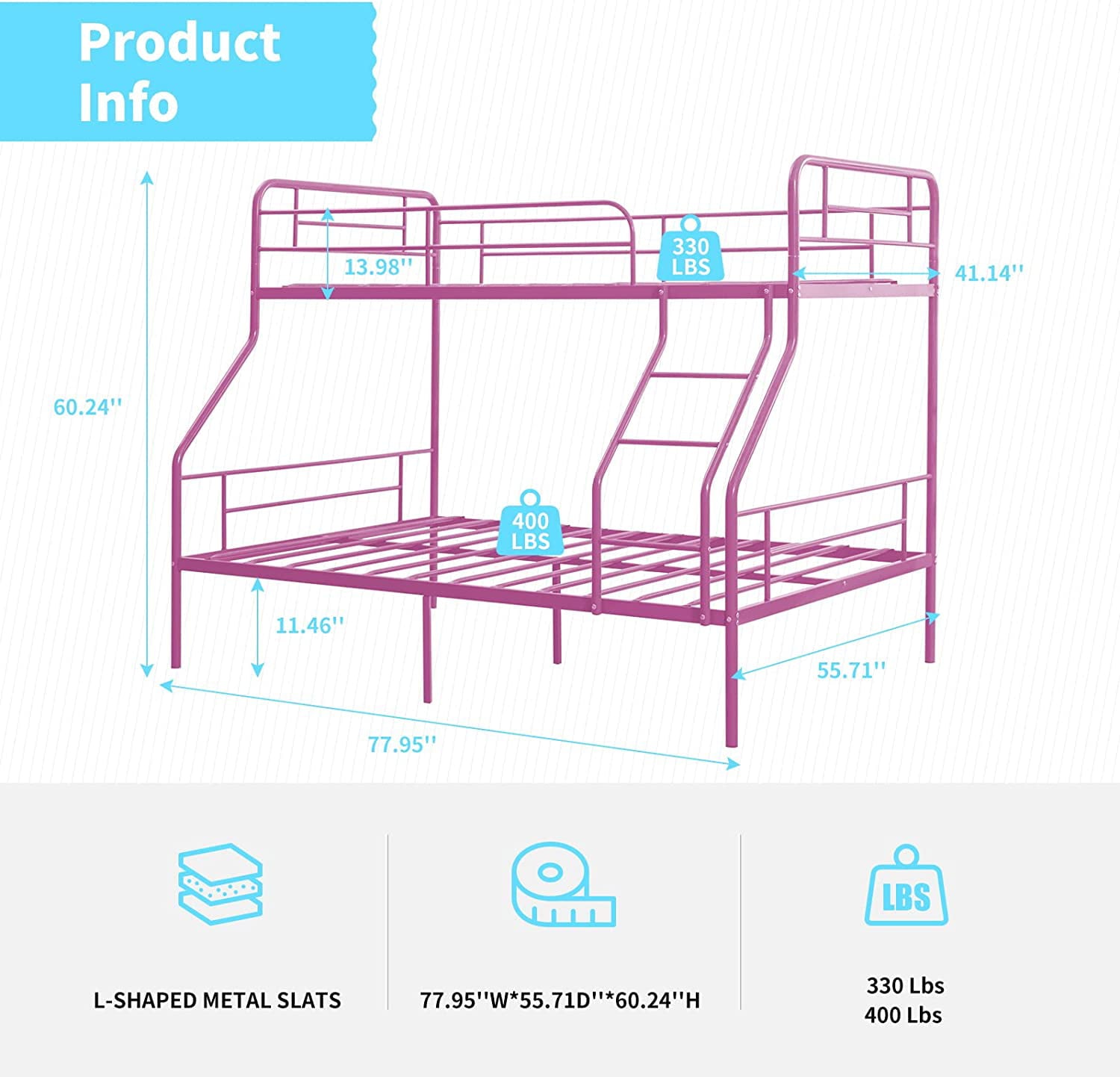 cuoote Twin Over Full Bunk Bed w/Ladder and Guardrail, Space-Saving Design, No Box Spring Needed, Pink