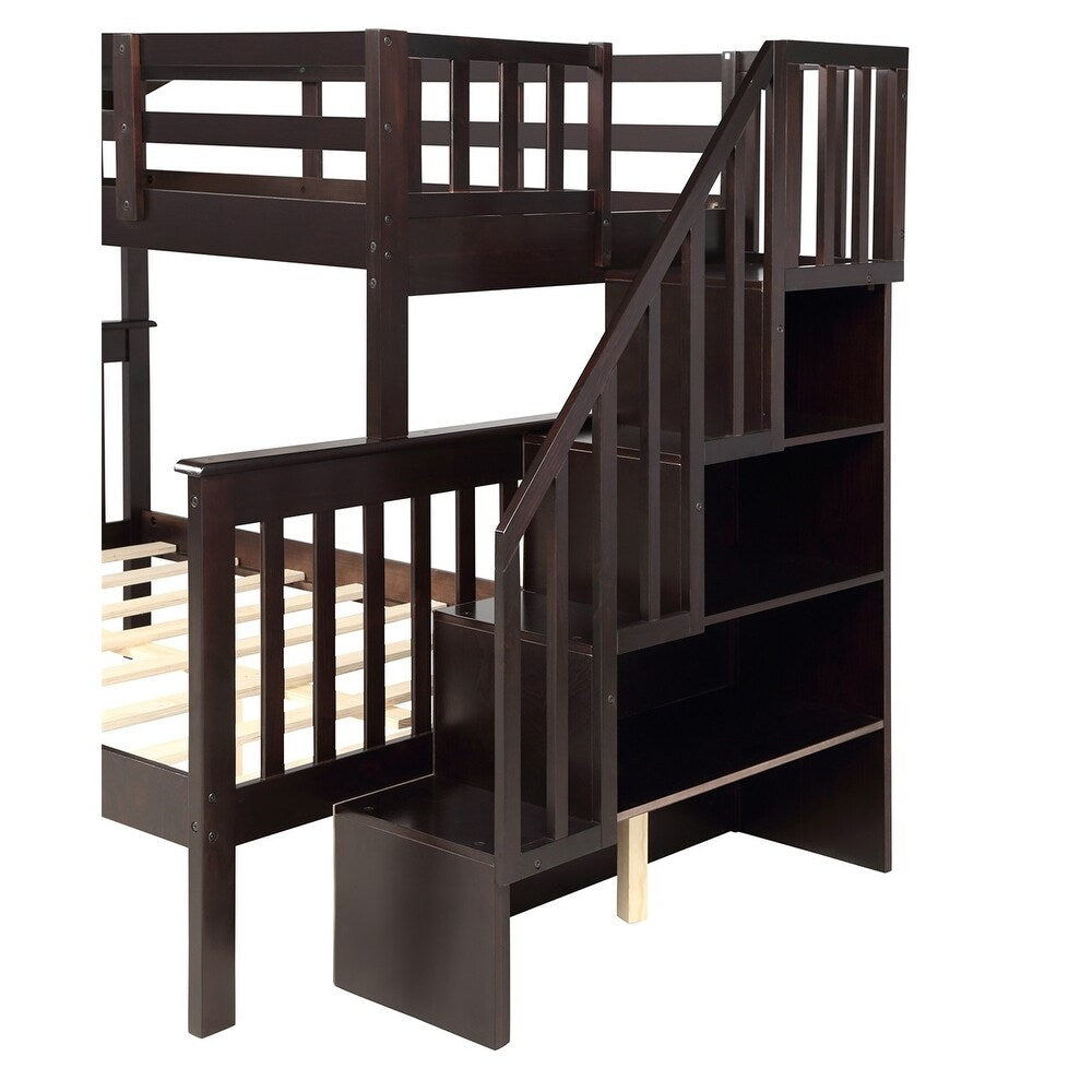 VIRUBI Twin Over Full Bunk Bed with Stairs, Solid Wood Stairway Bunk Bed with Storage and Guard Rail for Kids Teens Adults, Espresso