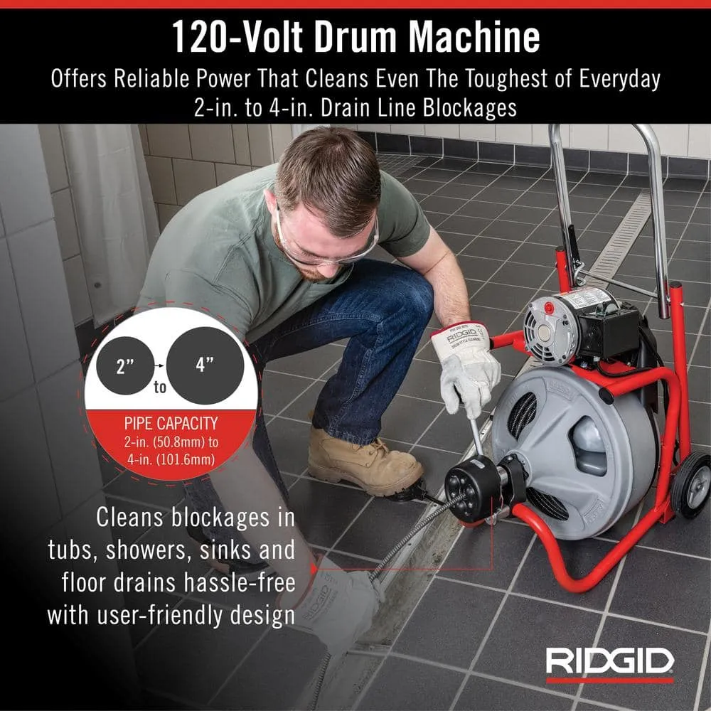 RIDGID K-400 AutoFeed Drain Cleaning Snake Auger 120-Volt Drum Machine and C-45IW 1/2 in. x 75 ft. Cable + Tool Set & Gloves 27013