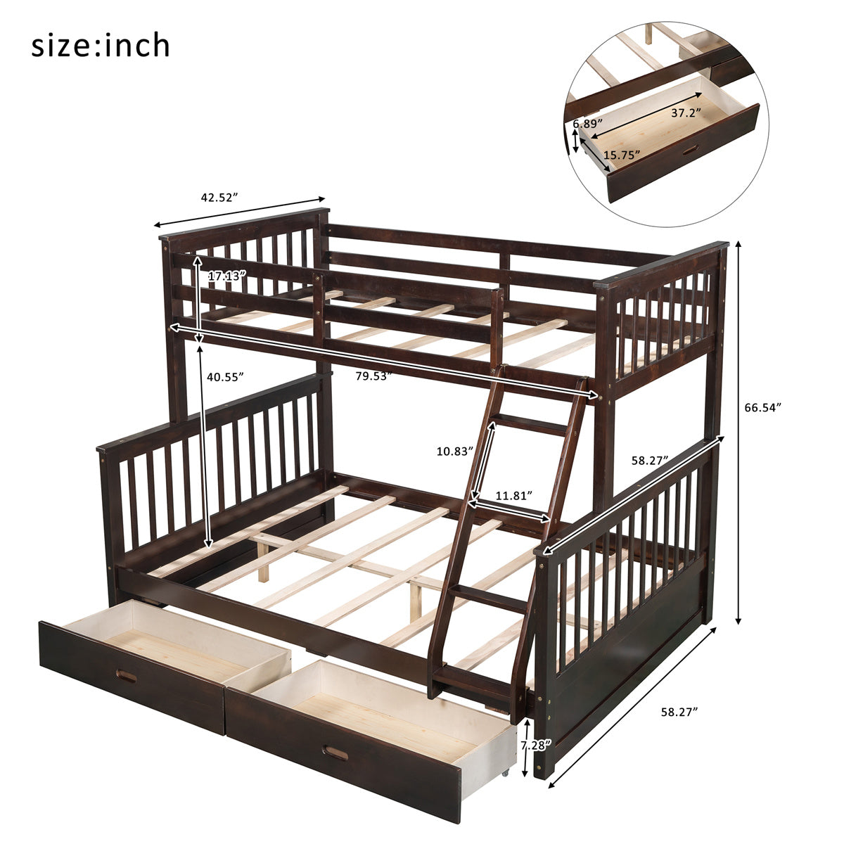 Twin Over Full Bunk Bed with Two Storage Drawers, Pine Wood Frame and Ladder with Guard Rails for Teens, Boys, Girls, Brown