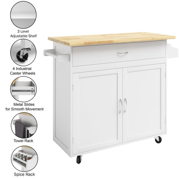 Kitchen Island with Spice Rack and Storage Cabinet – Rolling Cart with Drawers to Use as Coffee Bar， Microwave Stand or Storage by Lavish Home (White)