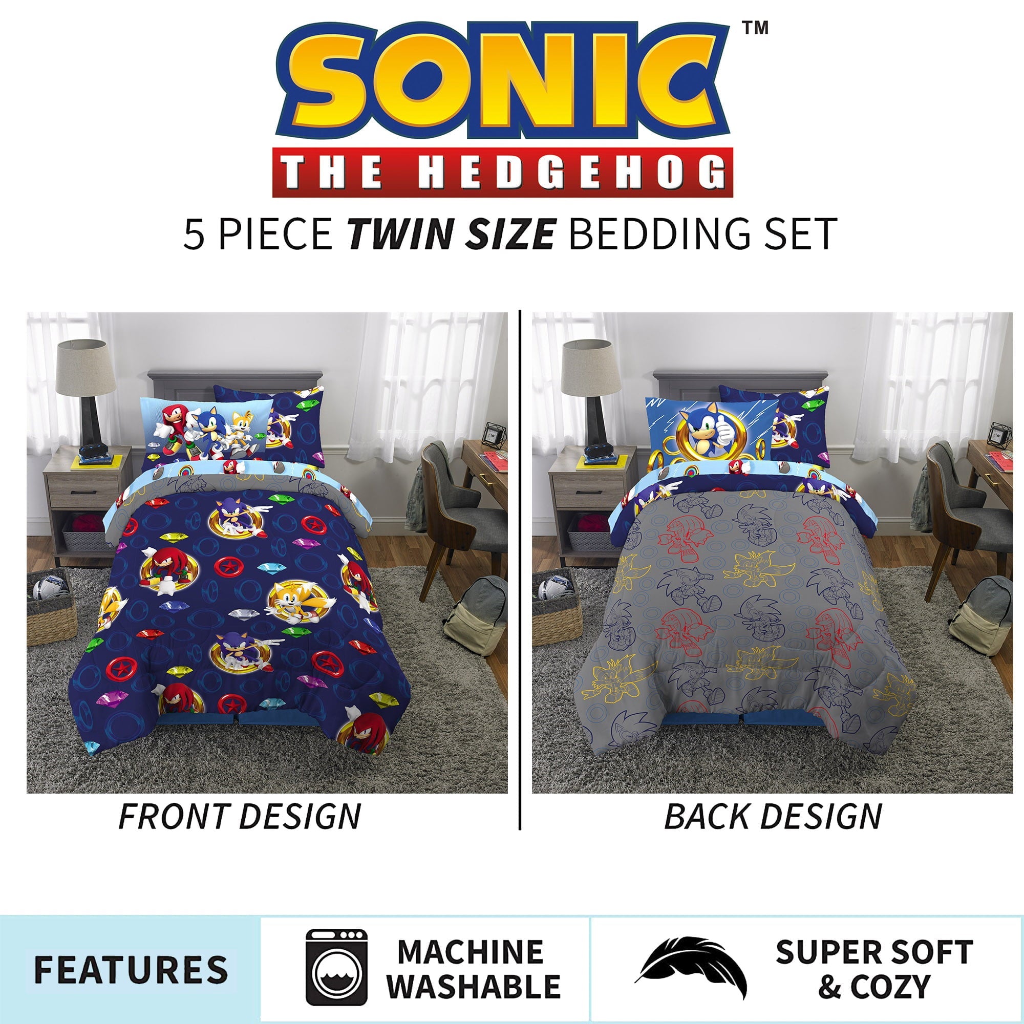 Sonic the Hedgehog Kids Twin Bed in a Bag, Gaming Bedding, Comforter Sheets and Sham, Blue