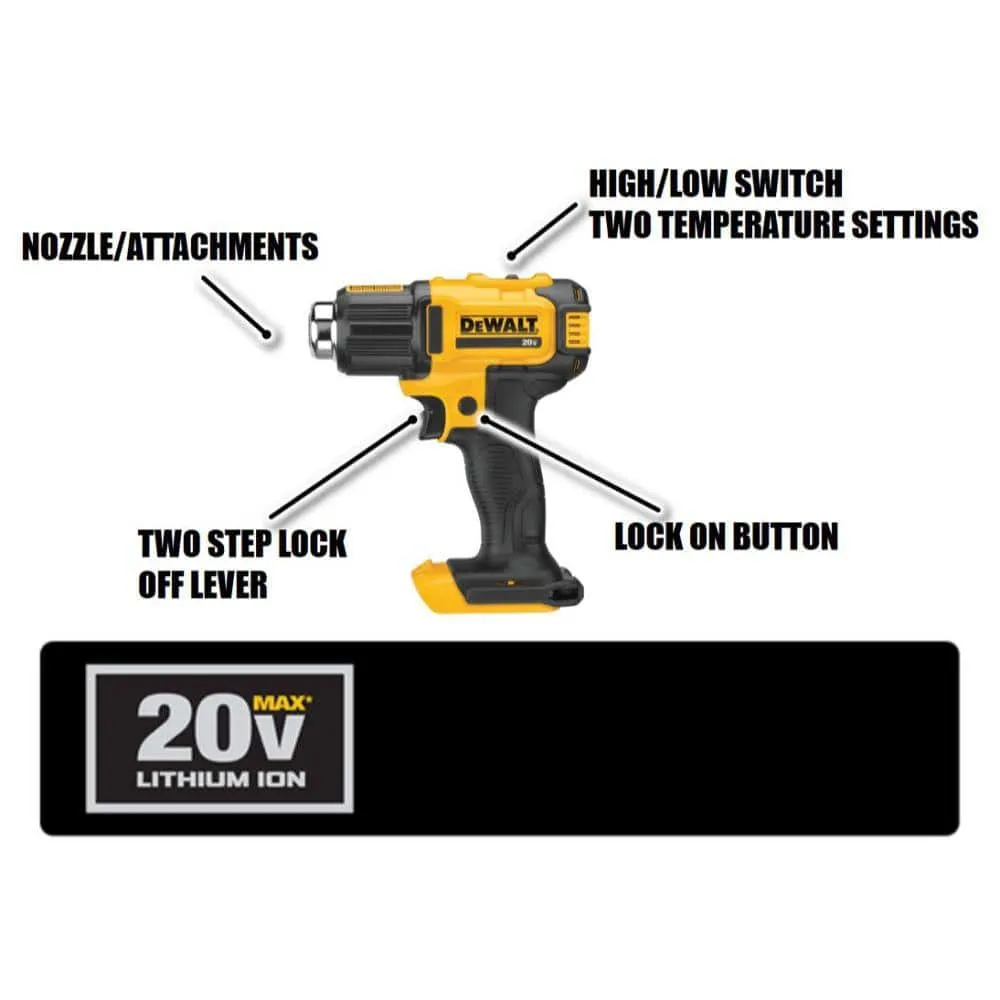 DEWALT 20V MAX Cordless Compact Heat Gun with Flat and Hook Nozzle Attachments DCE530B