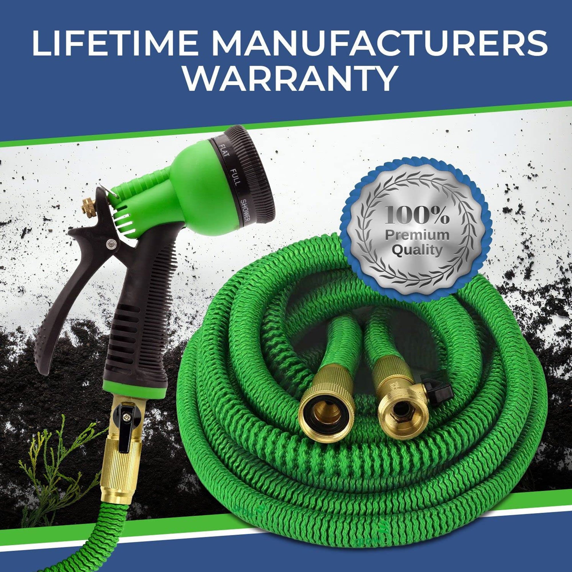 Grow Green Expandable Garden Hose with Double Latex Core Solid Brass Connectors, 25 ft. Green