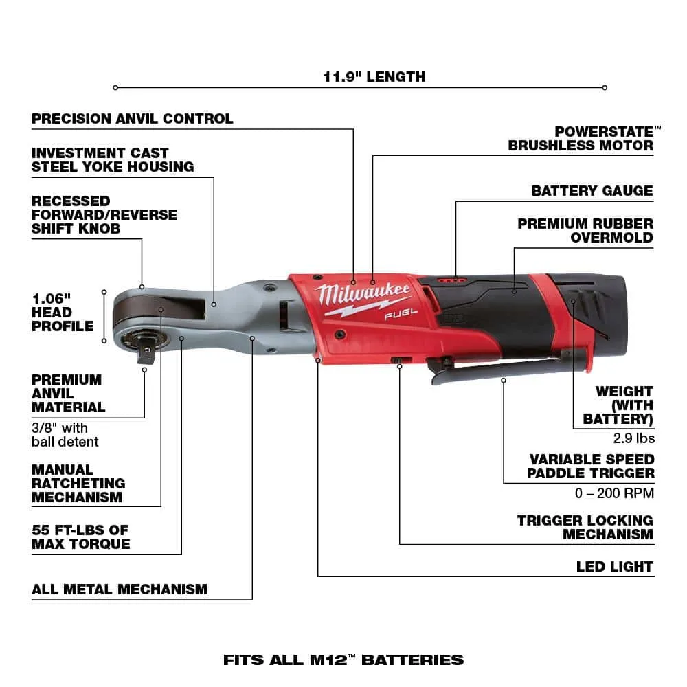 Milwaukee M12 FUEL 12V Lithium-Ion Brushless Cordless 3/8 in. Ratchet Kit with (2) 2.0Ah Batteries, Charger & Tool Bag 2557-22