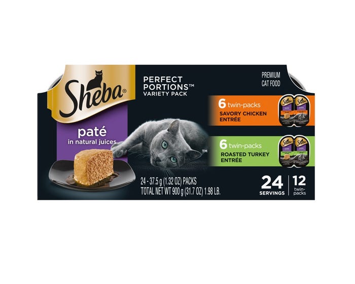 SHEBA Wet Cat Food Pate Variety Pack， Savory Chicken and Roasted Turkey Entrees， 2.6 oz. Cans， 12 Count
