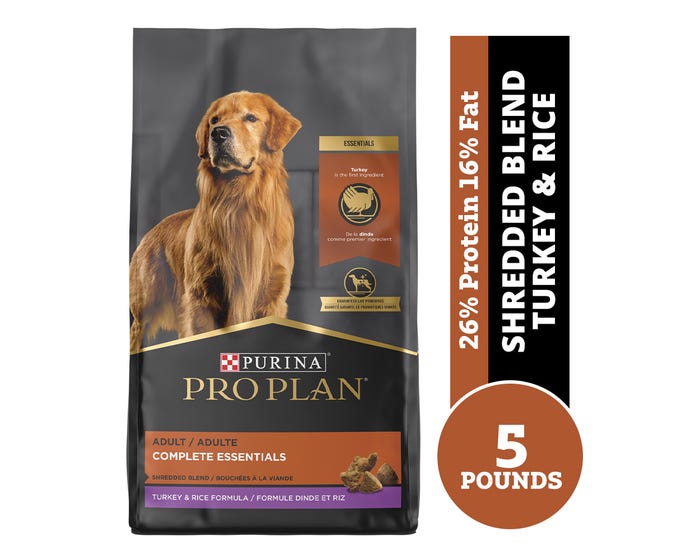 Purina Pro Plan High Protein Complete Essentials Shredded Blend Turkey  Rice Dry Dog Food， 5 lb. Bag