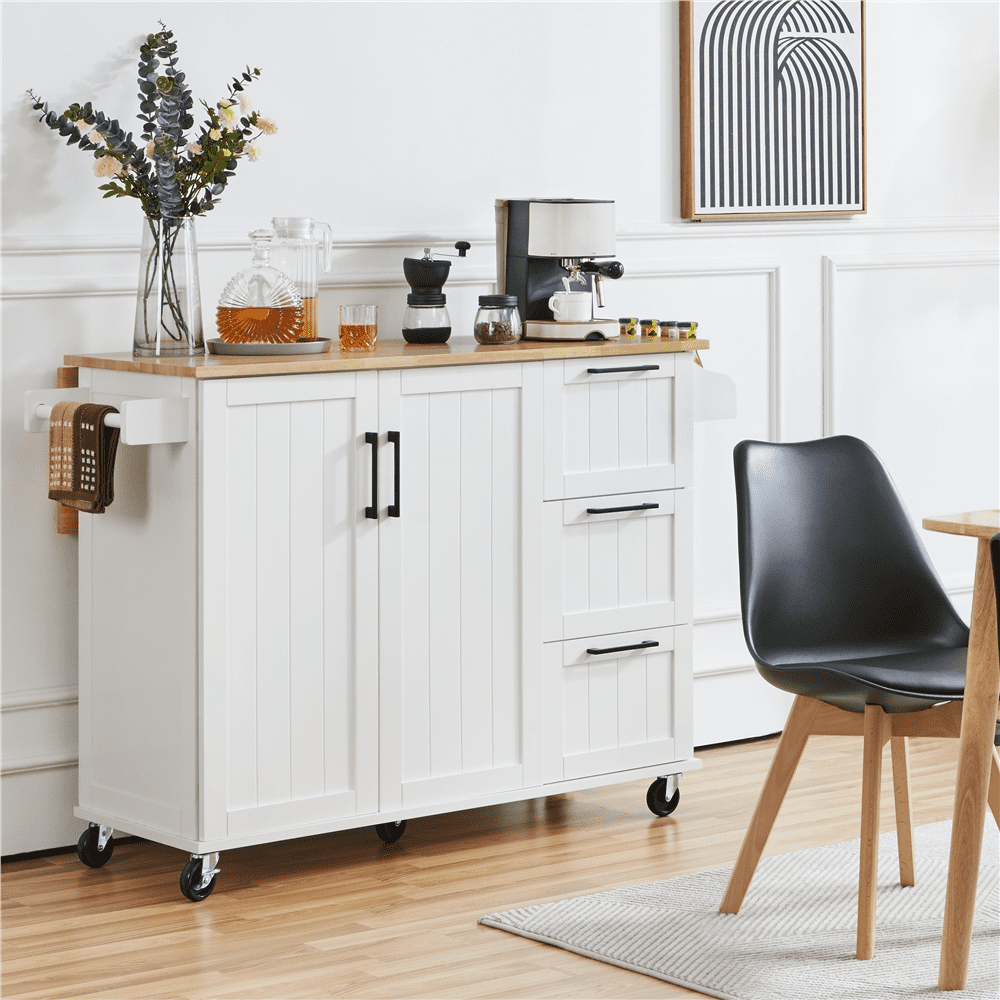 Yaheetech Rolling Kitchen Cart Kitchen Island with Wood Top and Drop Leaf Breakfast Bar，White