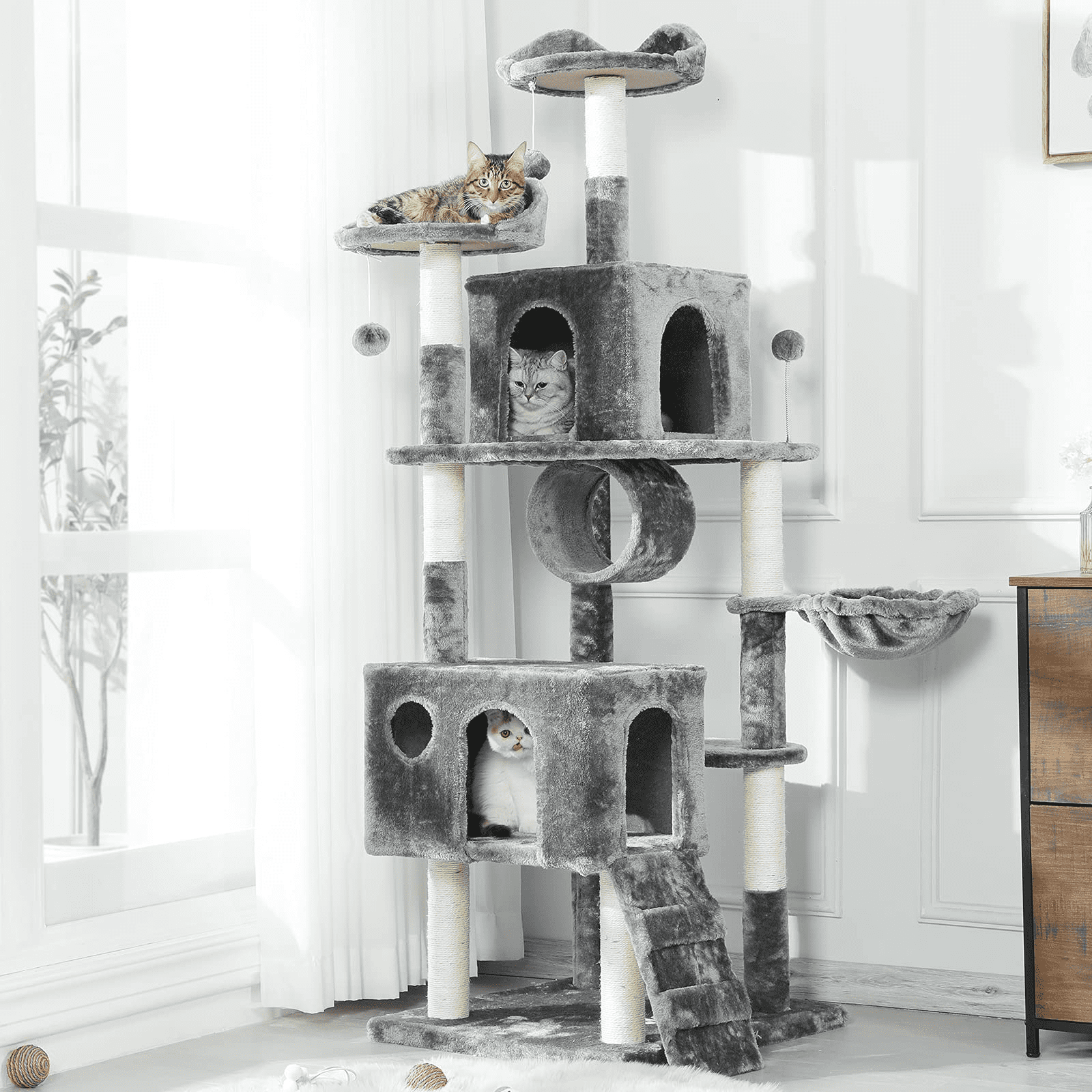 69” Tall Cat Tree Scratching Post， XL Cats Tower with Scratcher Hammock Condo House Top Perch Bed for Indoor Large Cat and Kitten (Gray)